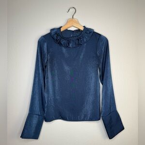 ZARA navy ruffle-neck blouse | Size S